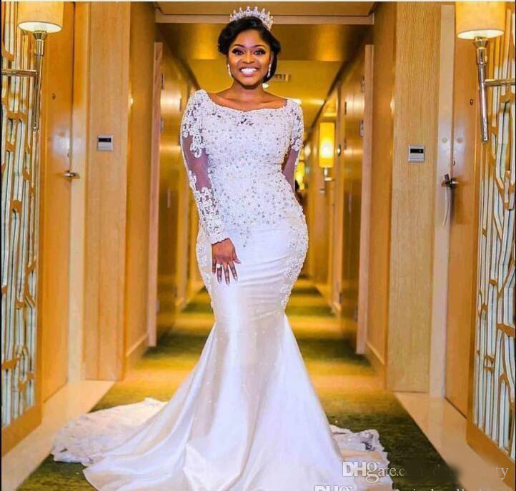 Nigerian Mermaid Wedding Dresses 20 Sweetheart Beaded Lace Appliqued Long Sleeves Chapel Train Length African Black Girl Bridal Gowns