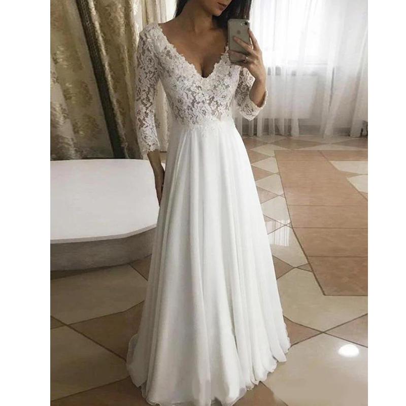 Romantic V-Neck A-Line Beach Wedding Dresses with Sleeves Sweep Train Bridal Dresses Low Lace Back Wedding Dress vestido de noiva