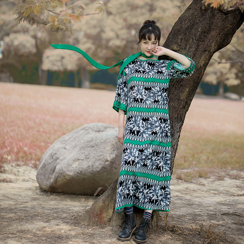 2020 Women Spring Summer Enthnic Clothing Cotton Linen Printed Dress Ladies Vintage Patchwork Retro Robe Dress Female Improve Hanfu