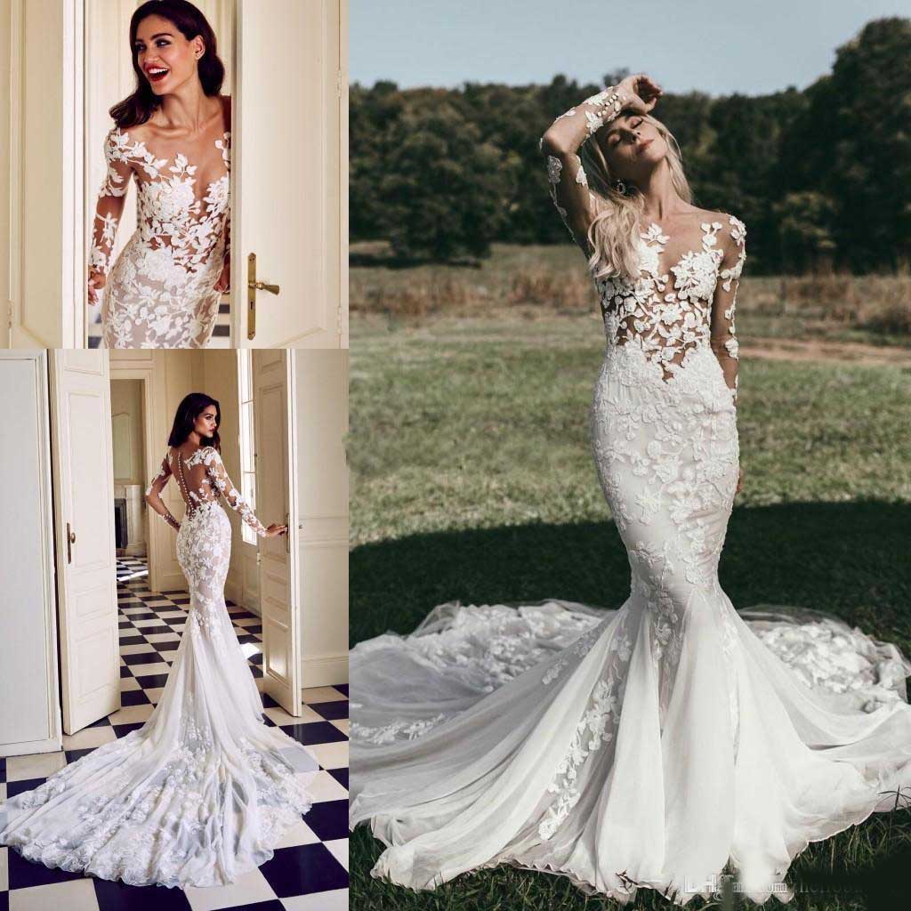2020 New Long Sleeve lace Sheer Mermaid Wedding Dresses Vintage Bling Long Train Hochzeitskleid Wedding Gowns vestito da sposa