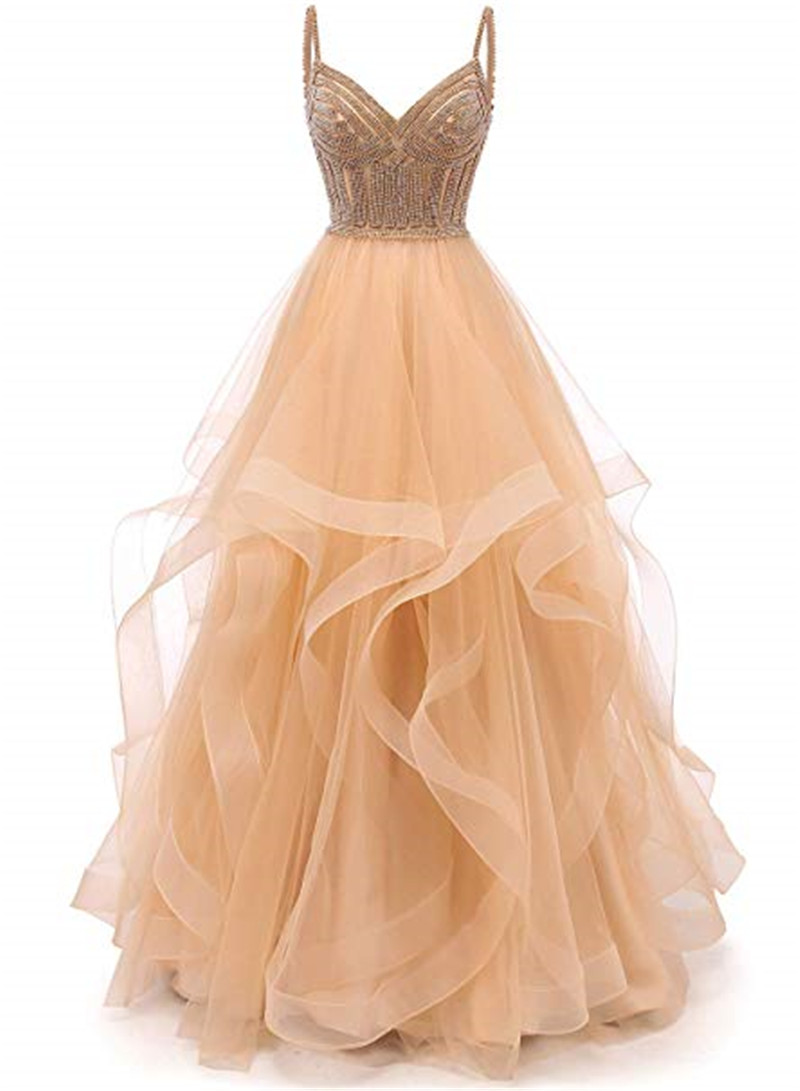 Tulle Crystal Beaded Prom Dresses Tiered Formal Evening Dresses Spaghetti Strap Ball Gown, Green
Tulle Crystal Beaded Prom Dresses Tiered Formal Evening Dresses Spaghetti Strap Ball Gown, Green