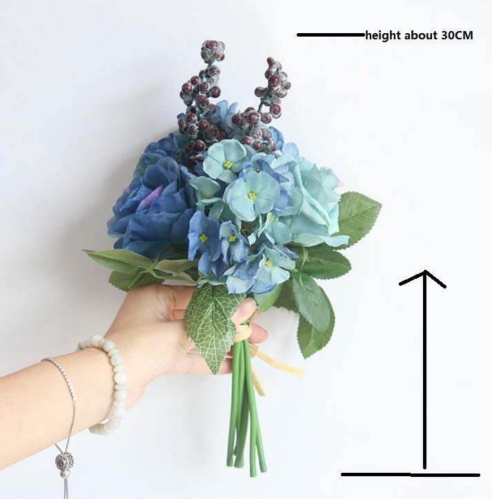 Blue artificial rose bouquet wedding creative decorations diameter about 21cm include rose, hydrangea and berries free shipping WT037