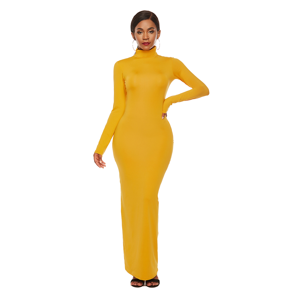 Long Bodycon Autumn Winter Casual Dresses Sheath Women Solid Color Slim Turtleneck Maxi Dress Plus Size