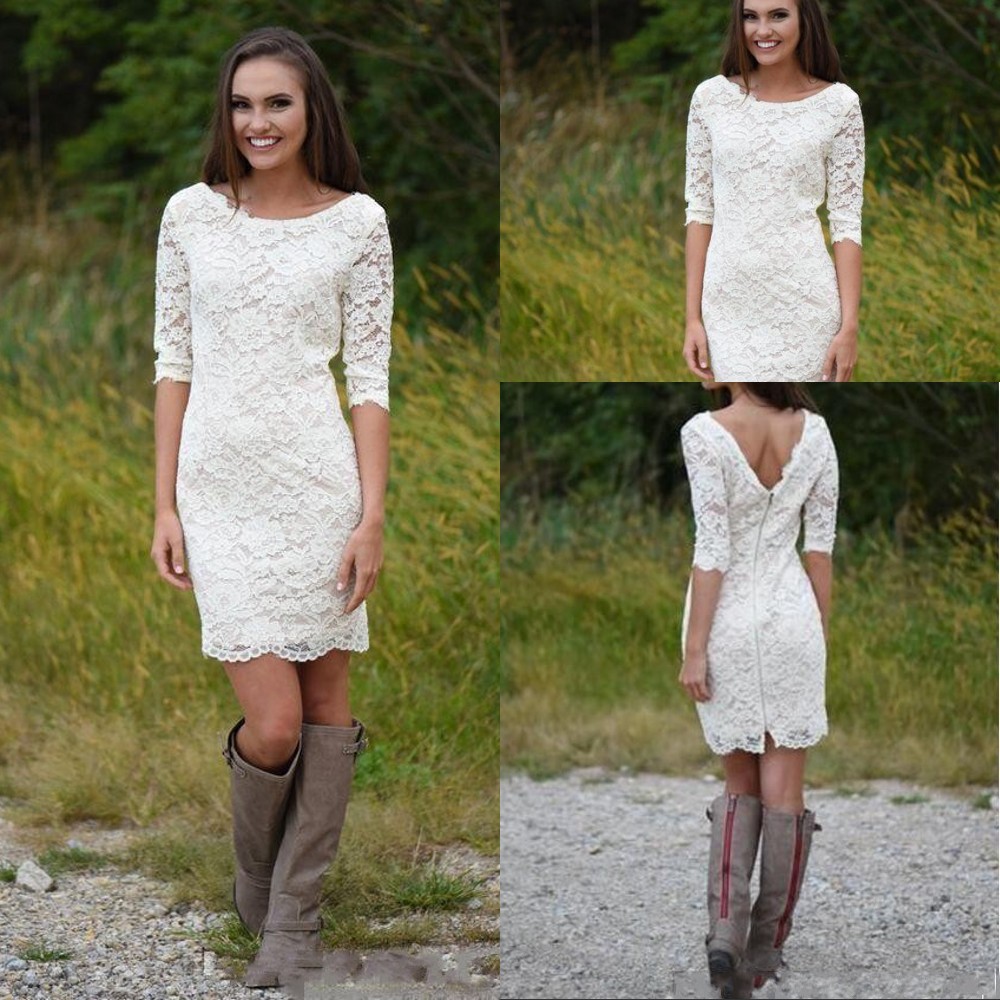 New Cheap Country Bridesmaid Dresses Full Lace For Weddings Guest Dress Jewel Neck Half Sleeves Short Mini Sheath Formal Maid of Honor Gowns