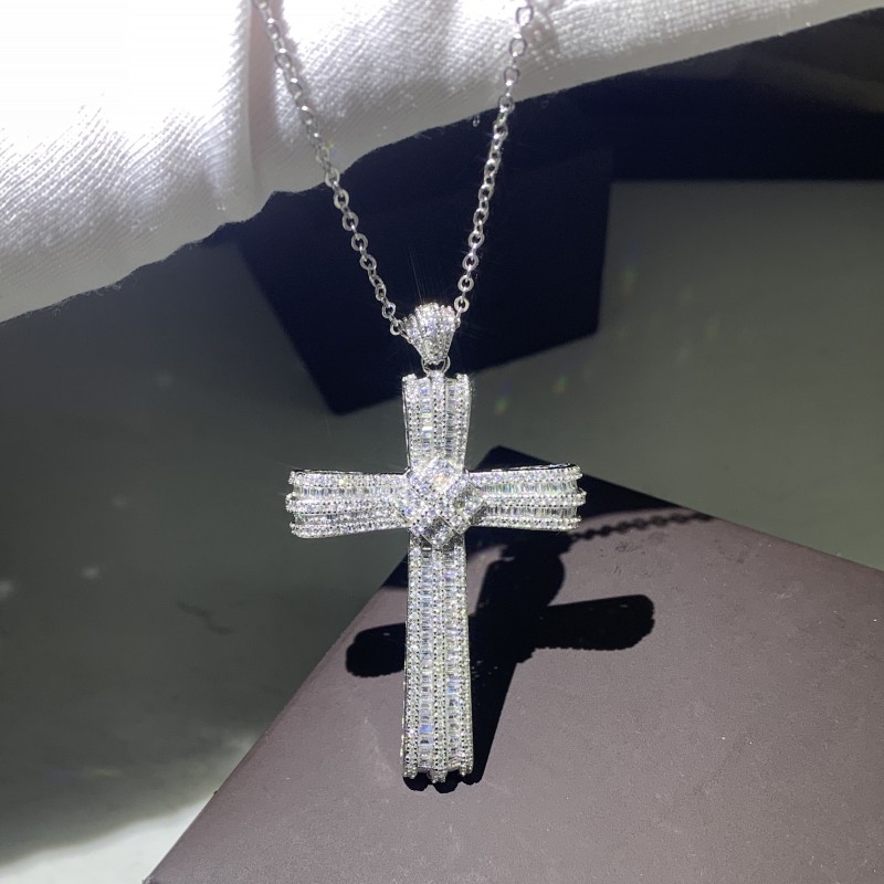 Choucong Handmade Jewelry Real Sterling Sier Pave White Sapphire CZ Dia Gemstones Cross Pendant Clavicle Chain Necklace