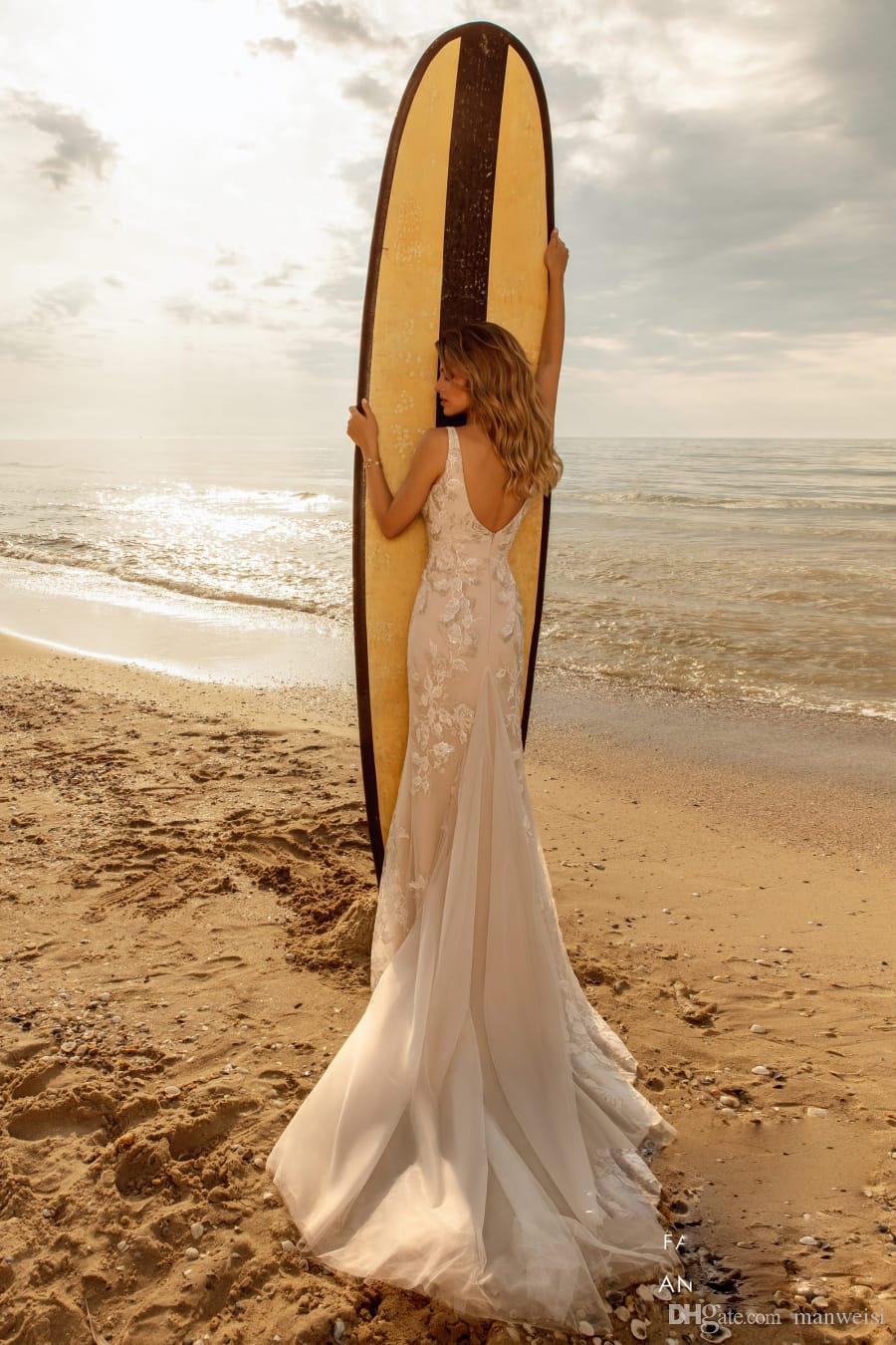 mermaid beach wedding dresses v neck lace appliqued backless bridal gowns sweep train boho country wedding dress robe de marie