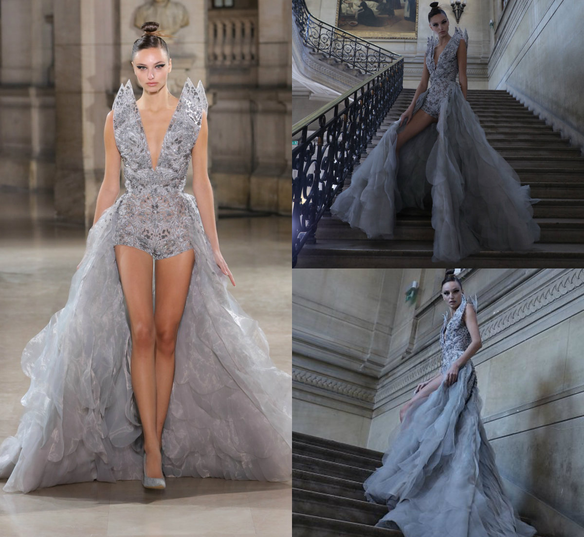 2019 Tony Ward Prom Dresses With Long Train Silver Lace Beads Sequins V Neck Luxury Evening Gowns Custom Made Quinceanera Dresses