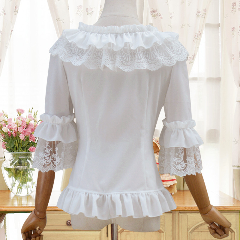 Lolita Women's Chiffon Blouse White Black Half Flare Sleeve with Ruffled Layered Collar Side Lace-up and Lace Accents S-XXL Free Shipment