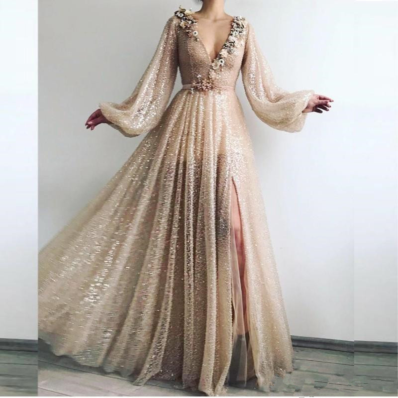 Sparkly Sequins Prom Dresses V Neck Long Sleeves Front Split Formal Evening Gowns Appliques Flowers Party Dress Vestidos