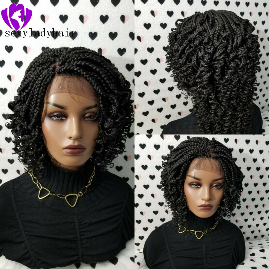 Full Density 14inch Braided Wig black Bob Braids Wig with baby hair 13x4 Lace Frontal short curly Wig for africa women