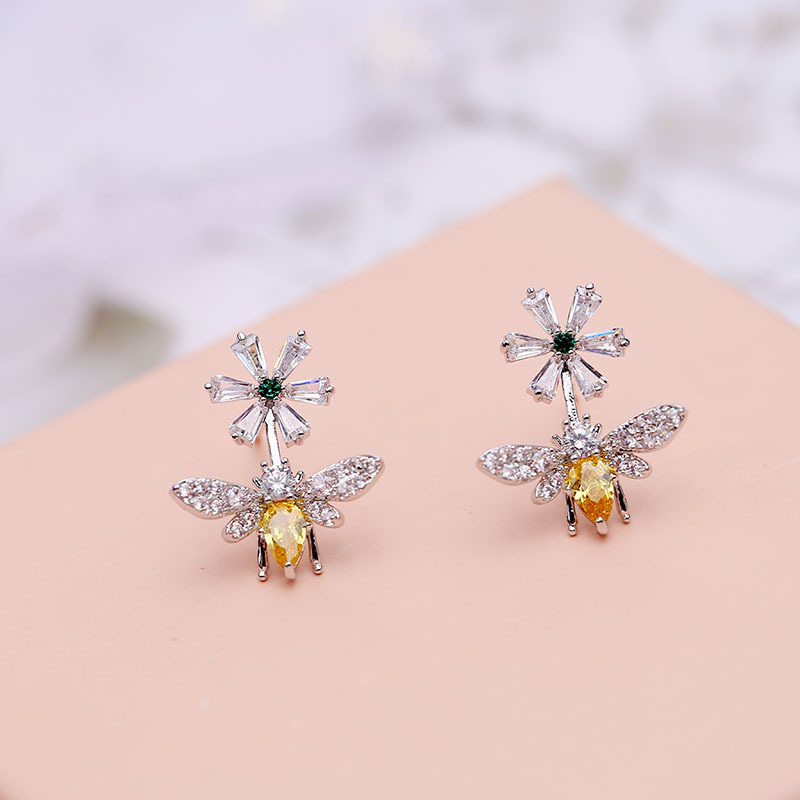 Shining Bling Flower Bee S925 Silver Needle Dangle Drop Earrings White Zircon Gold Plated Earring Jewelry Wholesale