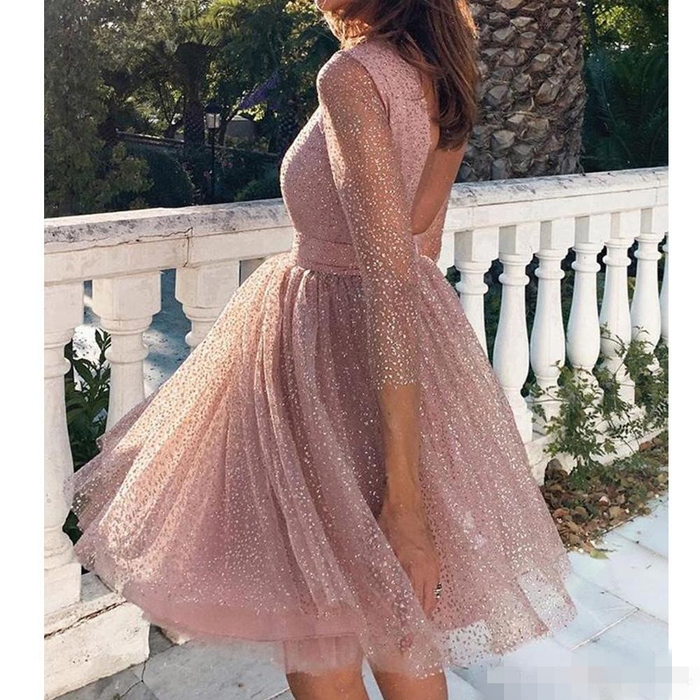 2021 Pink Short Prom Dresses Rose Gold Sequins Scoop Neck Backless 3/4 Long Sleeves Custom Made Evening Party Gown Plus Size
