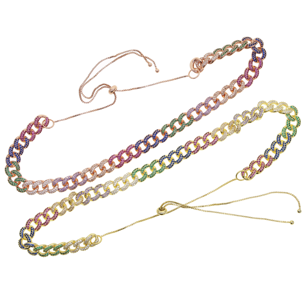 Iced Out Women Choker Necklace Rose Gold Metal Cuban Link Full With rainbow colorful Cubic Zirconia Stones Chain Jewelry