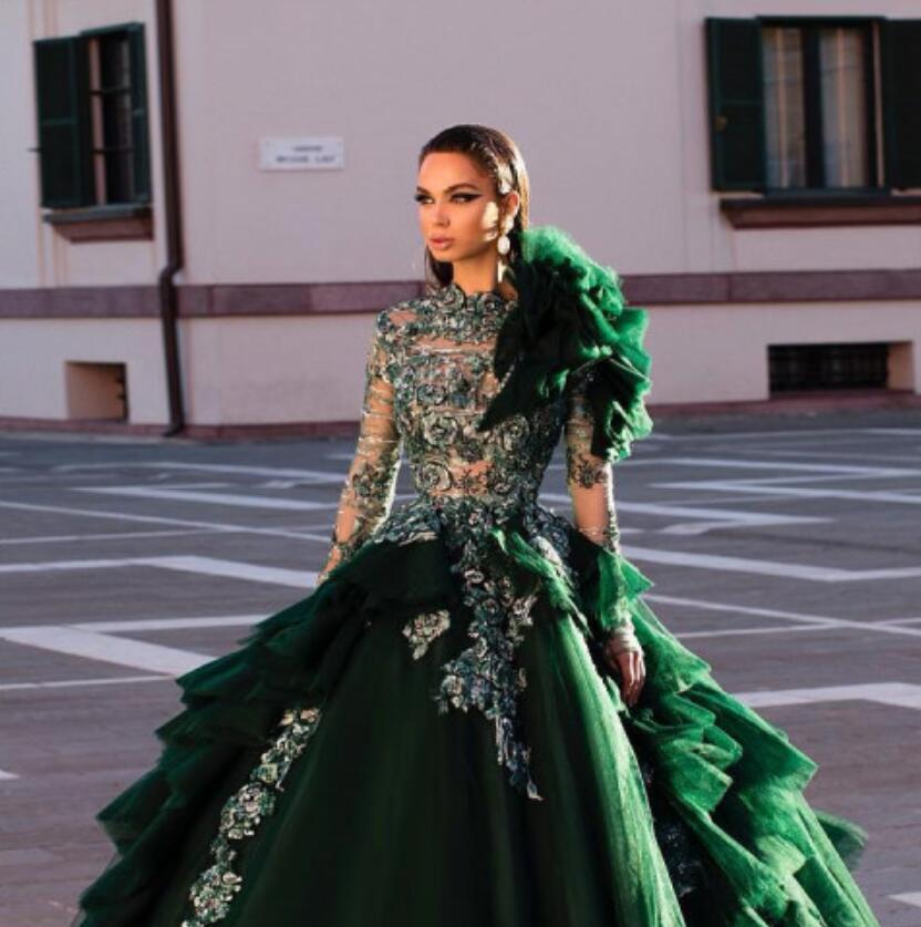 Arabic Dubai Dark Green Prom Dresses High Neck Lace 3D Floral Appliques Long Sleeve Evening Dress A Line Floor Length Robes De Soirée