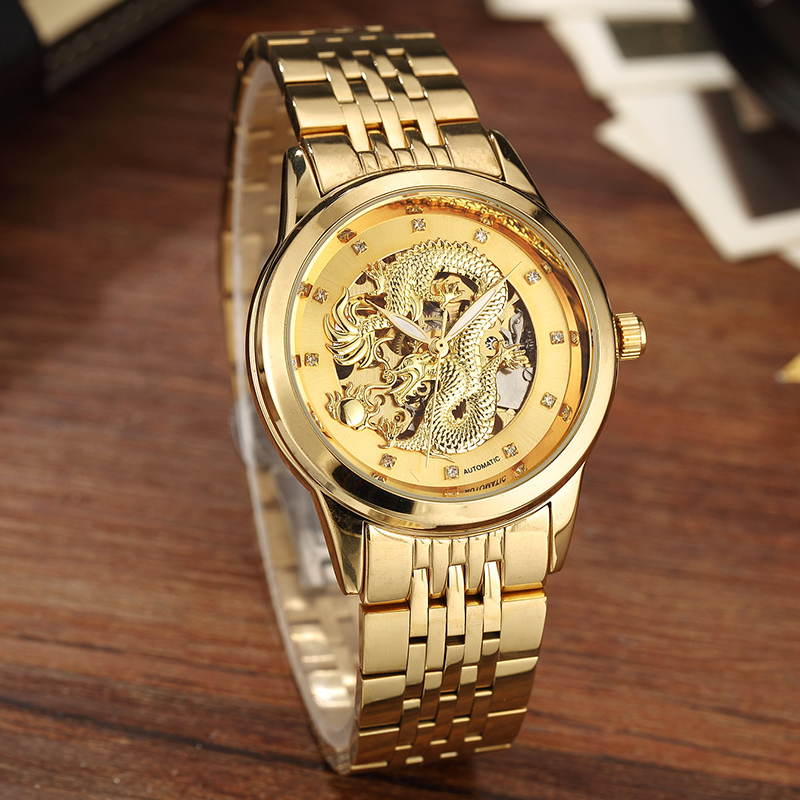 Dragon Skeleton Automatic Mechanical Watches For Men Wrist Watch Stainless Steel Strap Gold Clock Waterproof Mens Relogio Y19052301