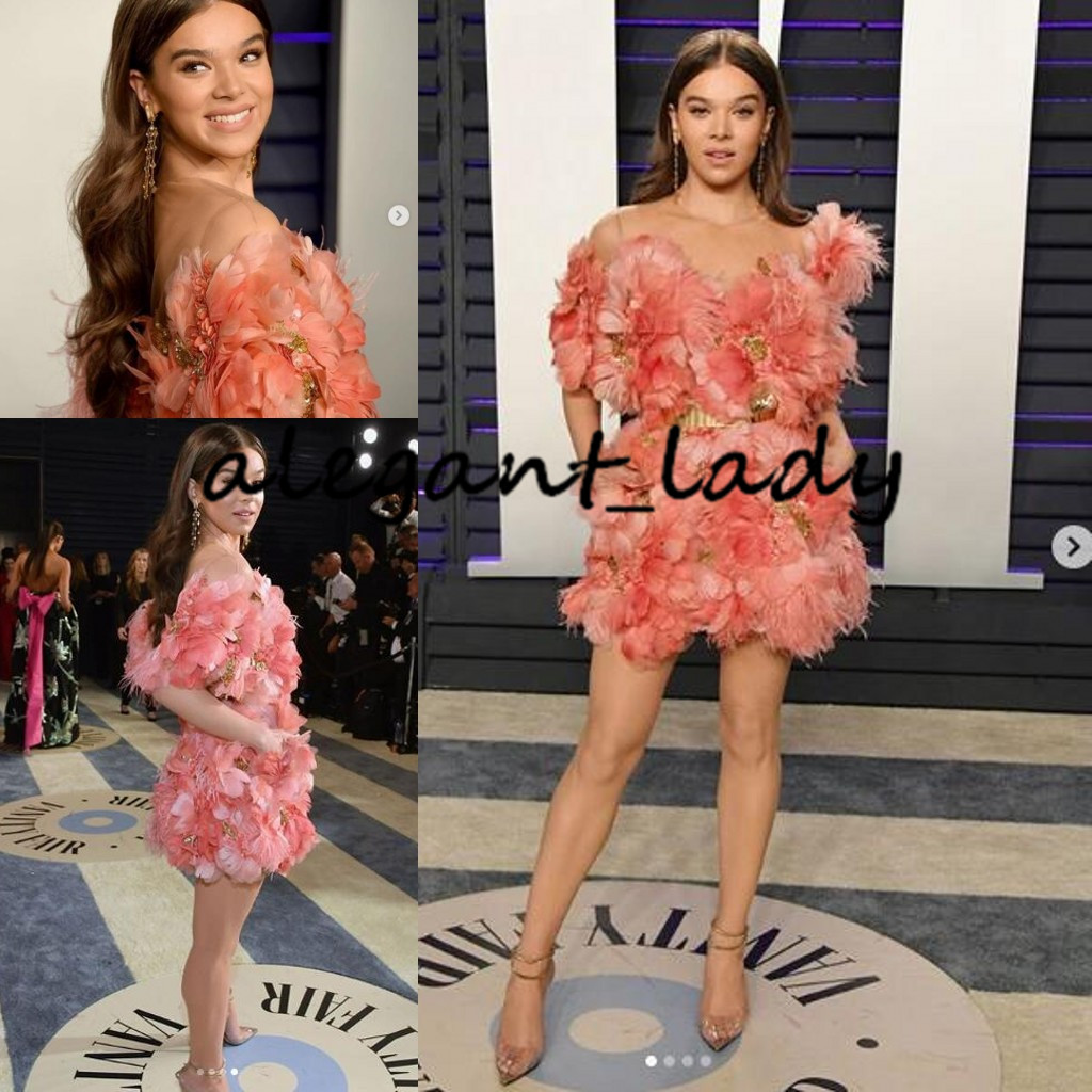 Hailee Steinfeld in Elie Saab Vanity Fair Oscars Party Dress Wear Peach Blush Pink 3D Floral Feather Short Mini Cocktail Prom Dresses