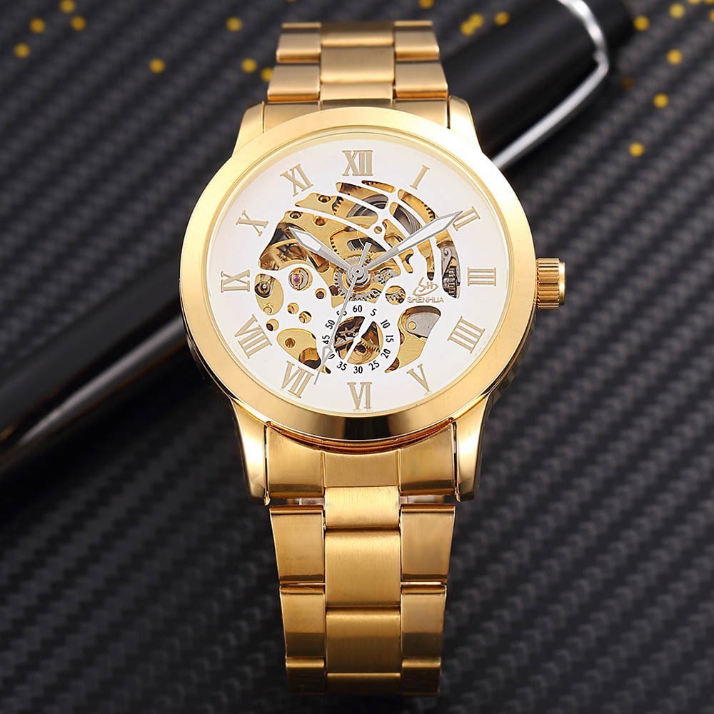 Shenhua Golden Skeleton Automatic Mechanical Watch Men Fashion Waterproof Shockproof Clock Mechanical Watch Men Men Watches Y19062004