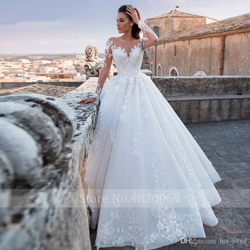 Vintage Sheer Elegant Jewel Neck A Line Long Sleeve Tulle Court Train Bridal Dress Lace Princess Wedding Gowns Vestidos