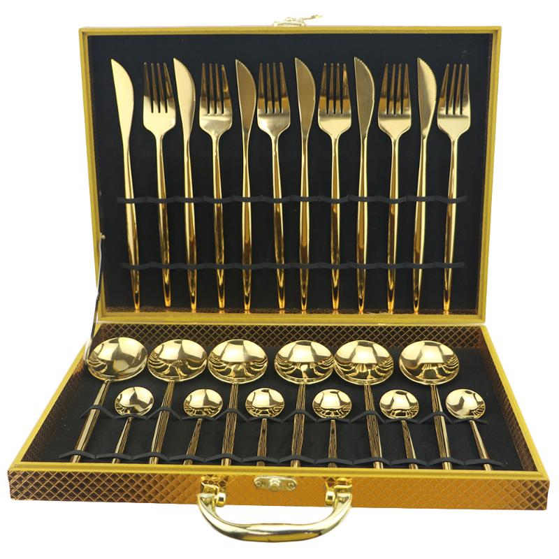 24pcs Gold Dinnerware Set 18/10 Stainless Steel Flatware Set Knife Fork Spoon Cutlery Kitchen Tableware Silverware With Gift Box