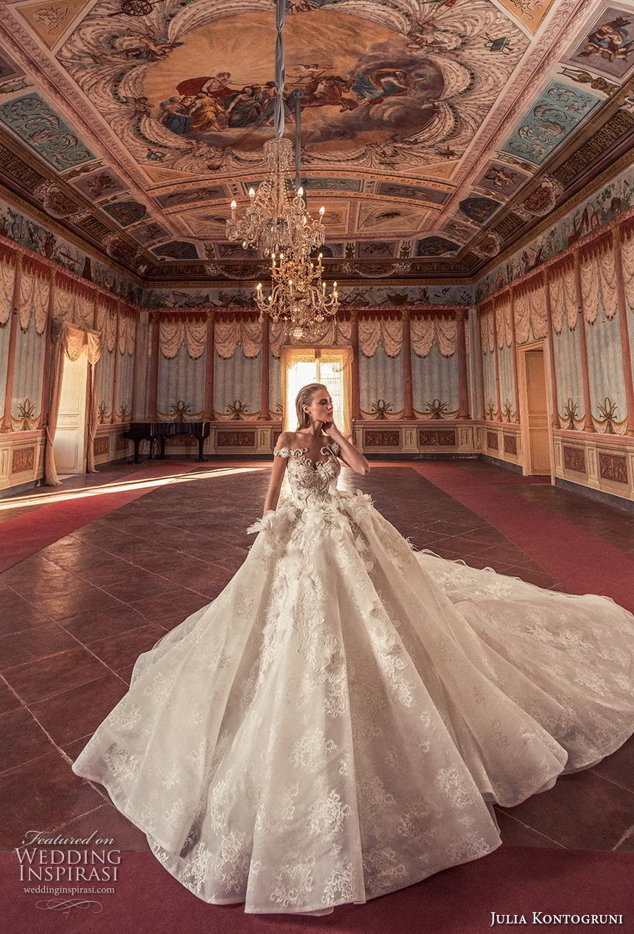 vintage julia kontogruni wedding dresses off shoulder lace 3d floral appliques beads crystals luxury ball gowns bridal gowns