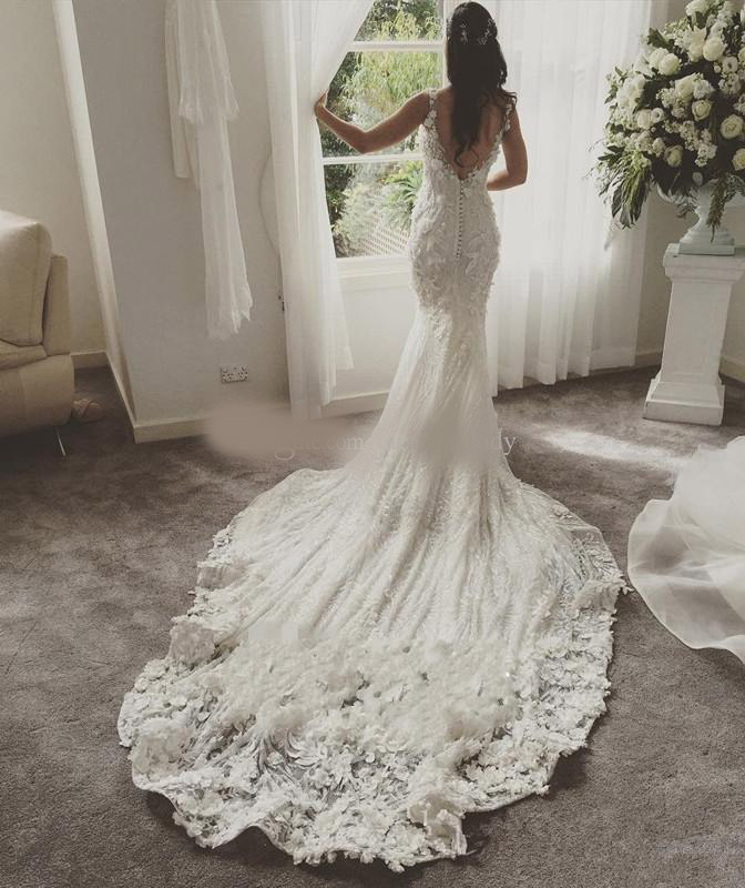 Elegant Appliques Lace Pearls Wedding Dresses Spaghetti Mermaid 3D Flora 2020 Sweep Train Boho Garden Bridal Gown Custom Made