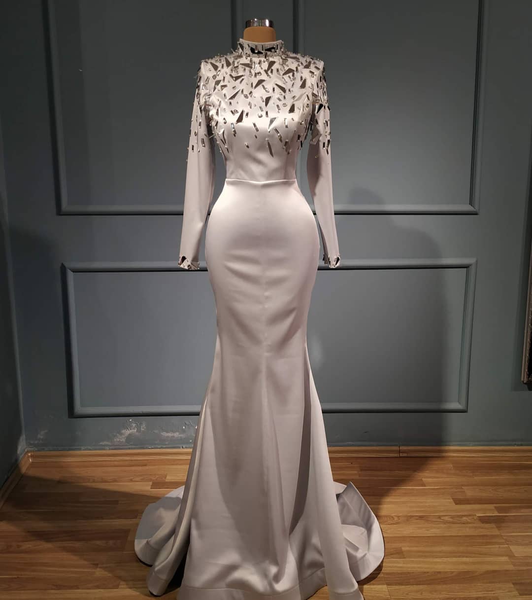 aso ebi arabic ivory sexy mermaid evening dresses beaded crystals prom dresses high neck formal party second reception gowns zj404