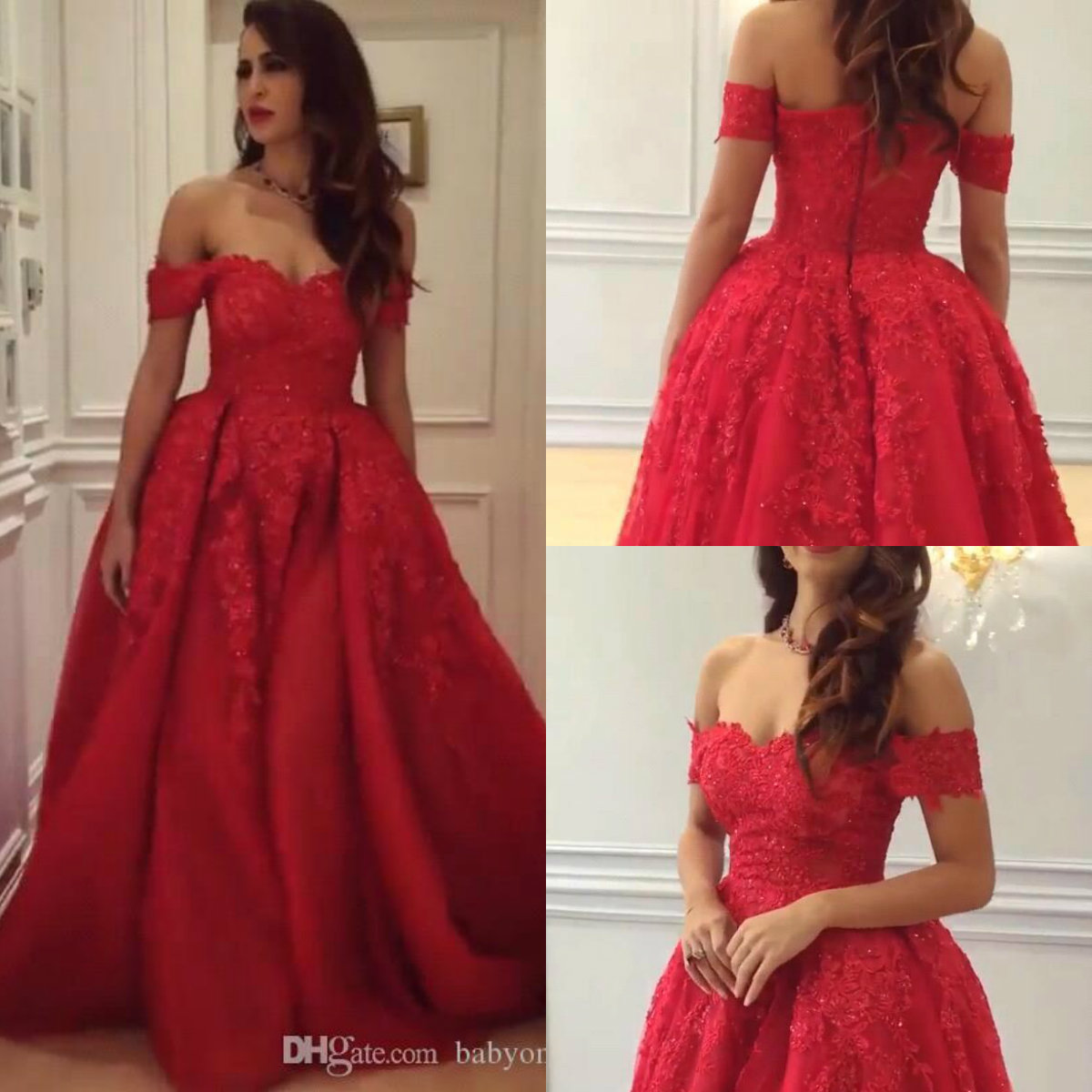 Gorgeous Red Arabic Formal Evening Dresses Off Shoulders A Line Tulle Lace Appliqued Beaded Prom Dress Red Carpet Dress Wear Custom Made