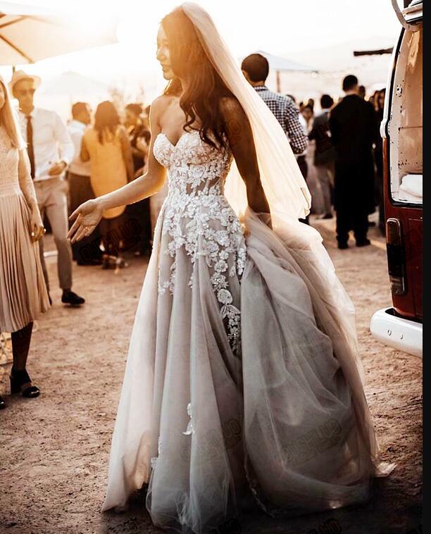 Open Back Bohemian Wedding Dresses sweetheart 2020 Country Wedding Dress Boho Long Backless white bridal Gowns Sheer Tulle With Appliques