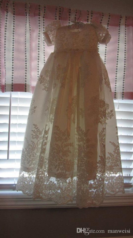 Hot Sale Lace Christening Gowns For Baby Girls Short Sleeves Jewel Neck Ribbon Sash Baptism Dresses Custom Made First Communication Dress