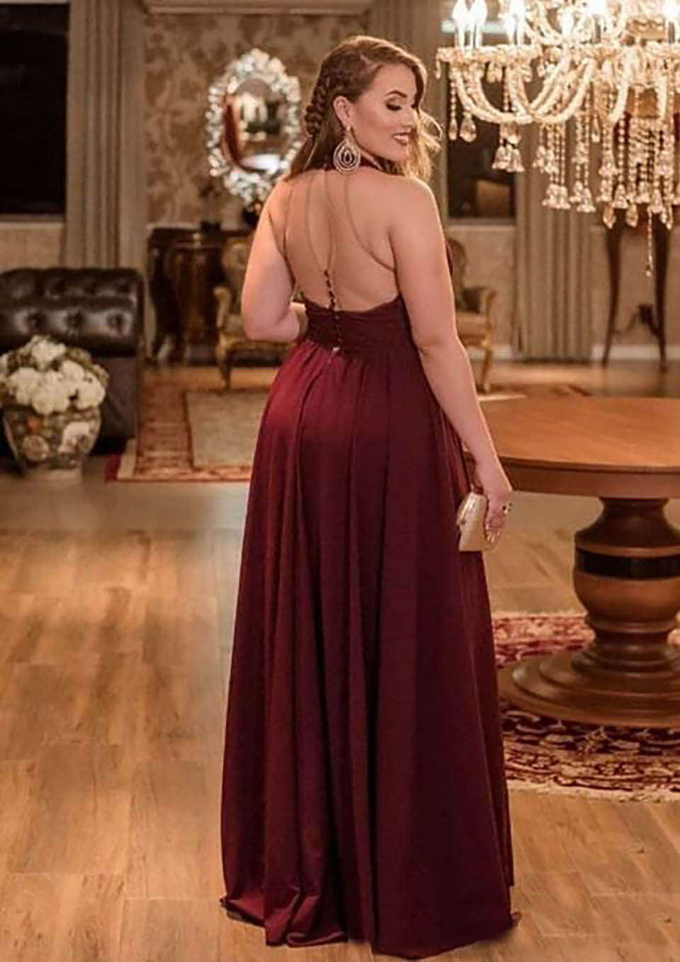 Burgundy Simple Cheap Arabic Plus Size Prom Dresses Crew A-line Chiffon Evening Dresses High Split Formal Party Bridesmaid Gowns BD9047