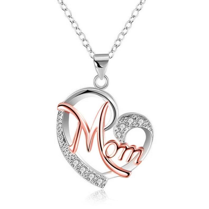 Contrast Color Crystal Heart Mom Necklace Pendant Diamond Fashion Love Mom Jewelry Mother Birthday Day Gift Will and Sandy Free Shipping