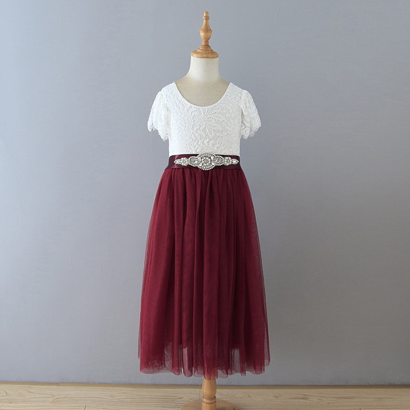 

Summer Baby Girl Princess Dress Eyelash Lace Straight Tulle Dress For Wedding Party Baby Girl Clothes E13844, Burgundy withou sash