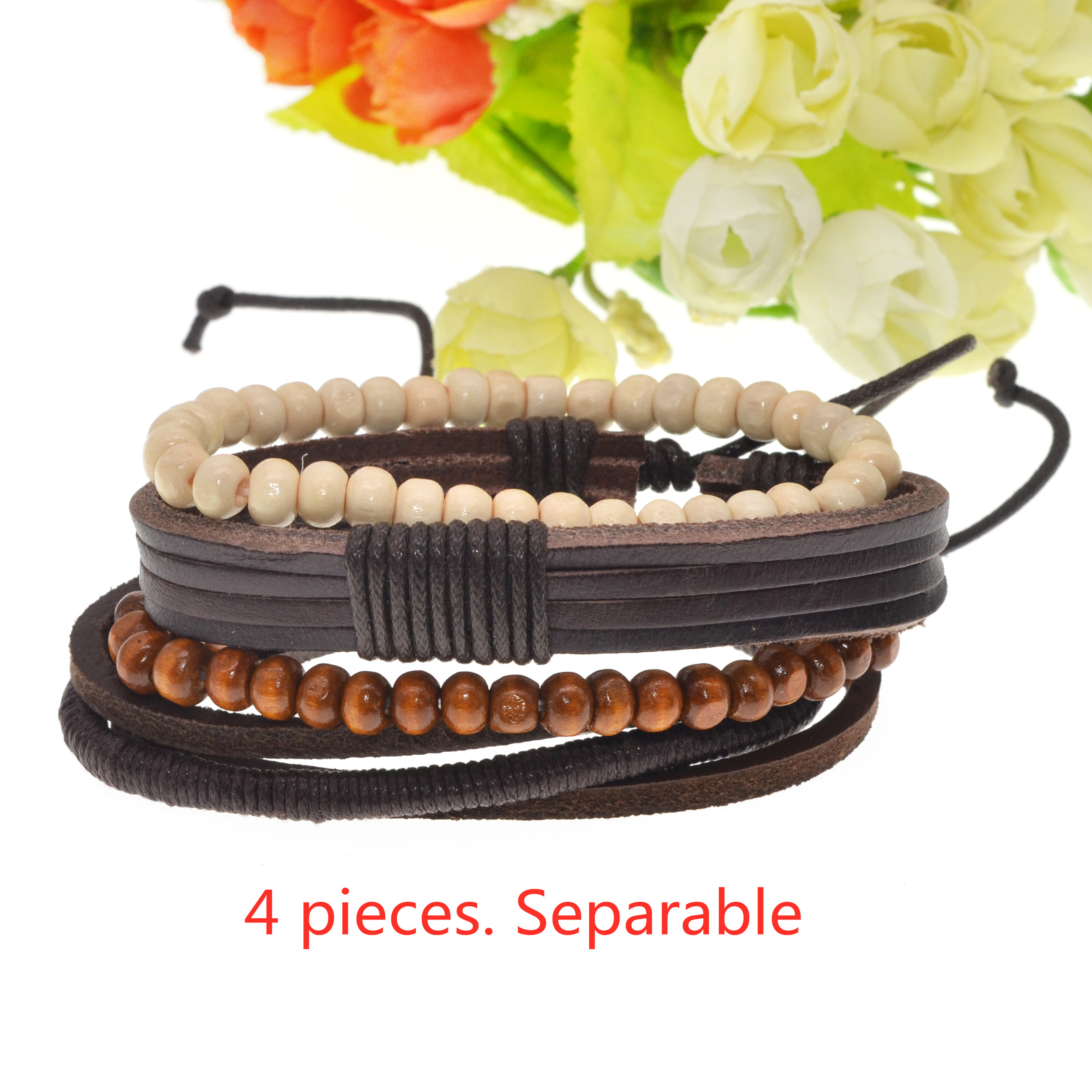 Men and women leather winding bracelet handmade pearl leather handmade wooden beads woven beaded bracelet