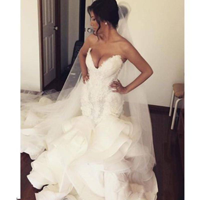 luxury design ruffles wave organza wedding dresses sweetheart lace long train gorgeous bridal gowns plus marriage dress robe de mariee