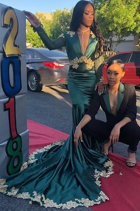 Dark Green Mermaid Prom Dresses V Neck Backless Formal Evening Gowns Long Sleeves Saudi African Party Gowns Plus Size