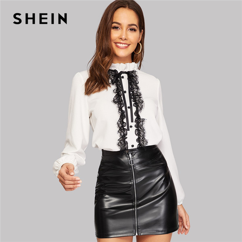 SHEIN White Tie Neck Buttoned Lace Trim Keyhole Back Blouse Elegant Frill Stand Collar Long Sleeve Tops Women 2019 Plain Blouses
SHEIN White Tie Neck Buttoned Lace Trim Keyhole Back Blouse Elegant Frill Stand Collar Long Sleeve Tops Women 2019 Plain Blouses