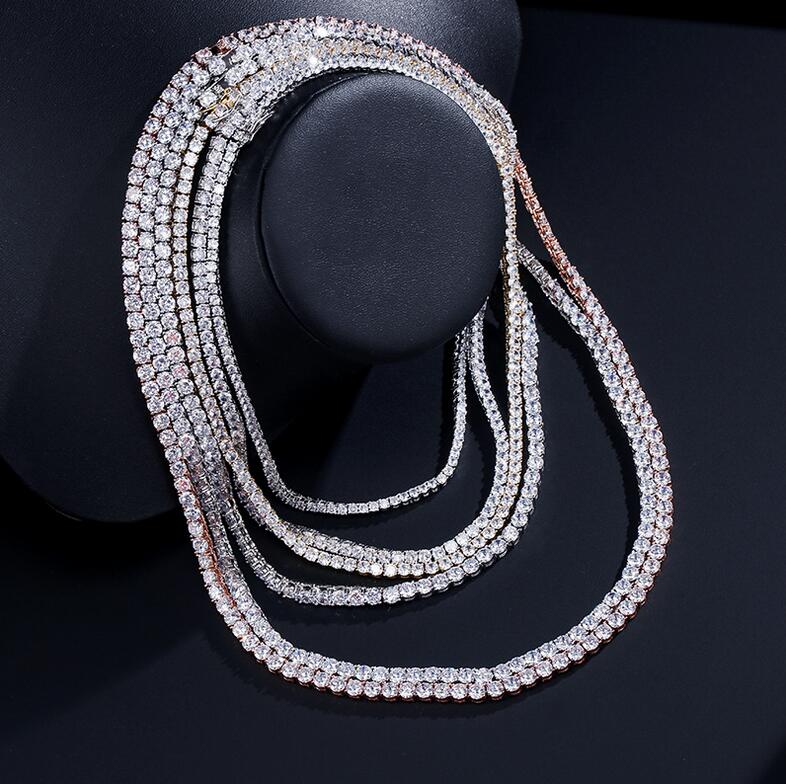 Hip Hop New Vintage Fashion Jewelry 18K White&Rose Gold Fill Full Round Cut Single Row White Topaz CZ Diamond Party Women Men Necklace Gift
