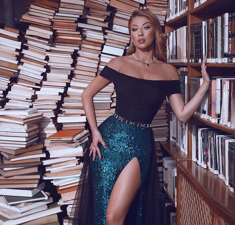 Hunter Green Evening Dresses Sequined Off The Shoulder High Side Split Prom Dress Formal Party Second Reception Gowns De Soirée