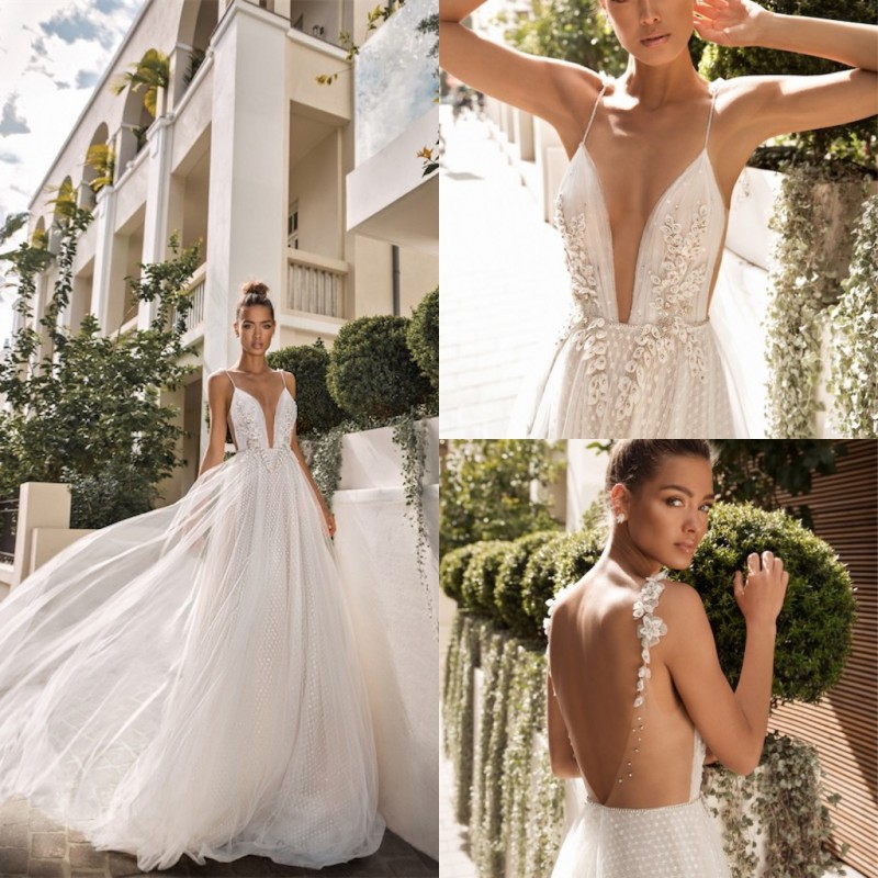 elihav sasson beach tulle wedding dresses beaded boho bohemian bridal gowns spaghetti neck backless lace wedding dress robe de marie