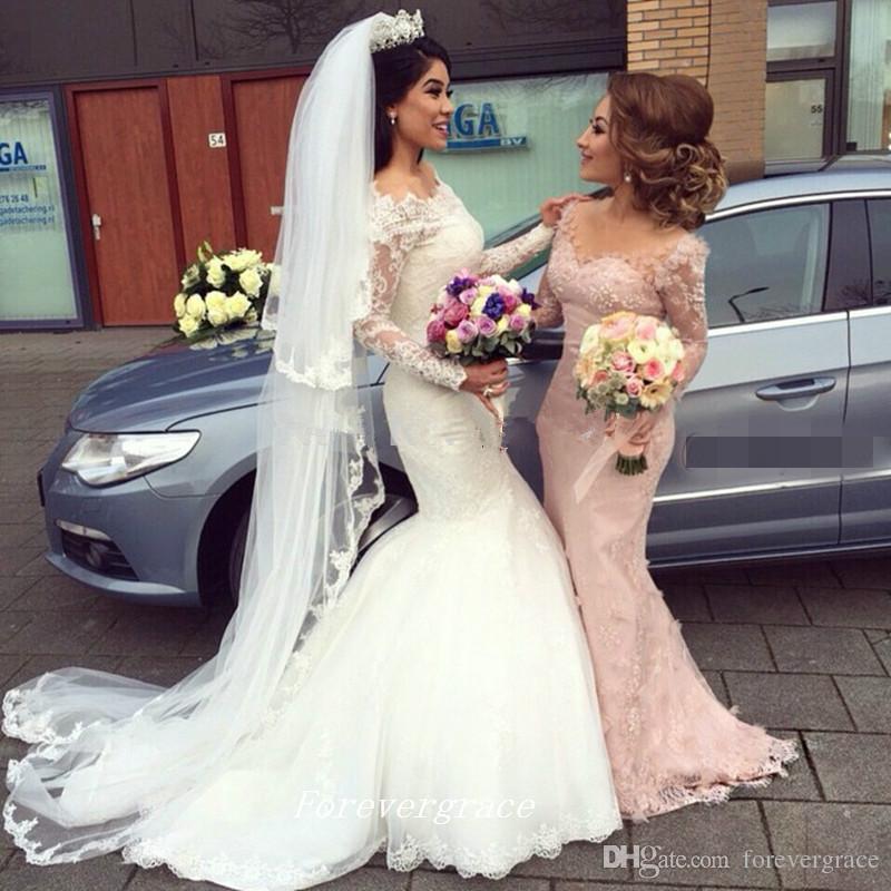 2019 Light Pink Colour Bridesmaid Dress Fashion Mermaid Lace Long Sleeves Maid of Honor Dress Wedding Guest Gown Custom Made Plus Size