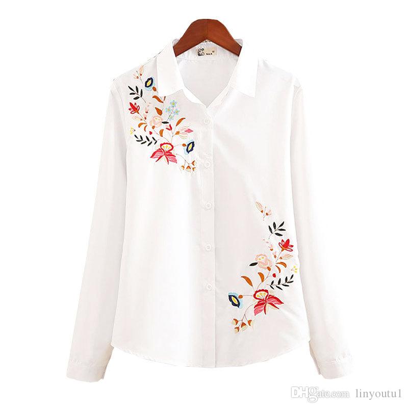 2020 Long Sleeve Floral Women Embroidered Blouse White Elegant Turn-down Collar Office Women Casual Blouse 2019 Spring New Top
