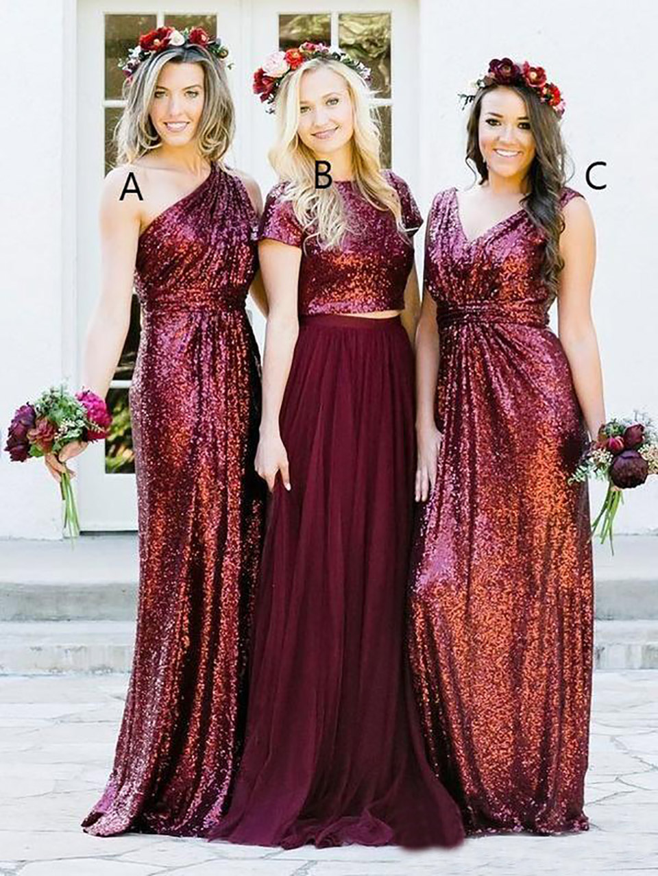Burgundy Sequins Bridesmaid Dresses with Mixed orders Pleats Formal Wedding Guest Gowns Evening Dress Full Length Navy Blue Rose Gold BD9065
