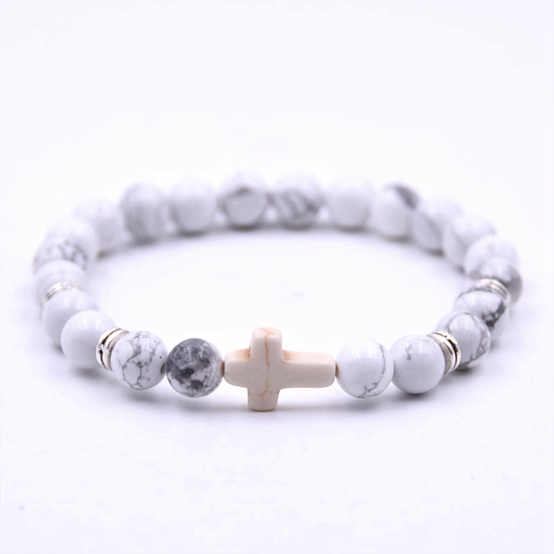 Cross Stone Jewelry Bracelet Retro Round Beaded Strands Charm Stones Stretch Unisex Gift