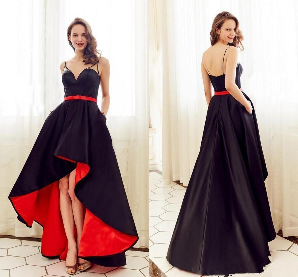 Modest Black Satin A Line High Low Prom Dresses With Pockets Spaghetti Straps E…