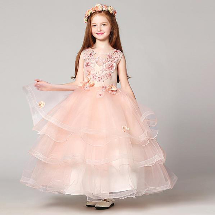 Lovely Pink Flower Girls Dresses Applique Jewel Neck Ball Gown Kids Formal Wear Sleeveless Floor Length Girl Dresses For Wedding