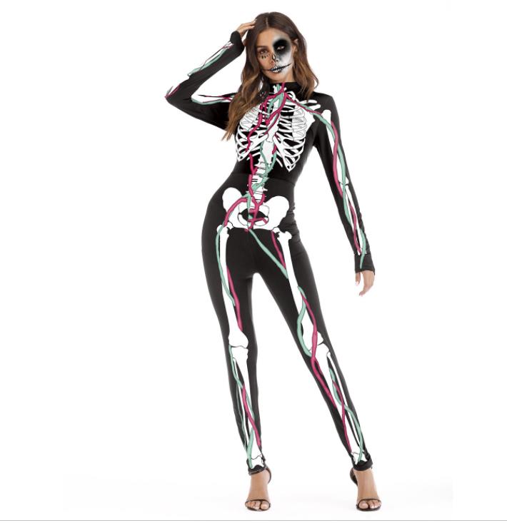 2020 Women Vintage Skeleton Rose Print Scary Costume Black Skinny Jumpsuit Bodysuit Halloween Cosplay Suit Stretchy Outfit Femme