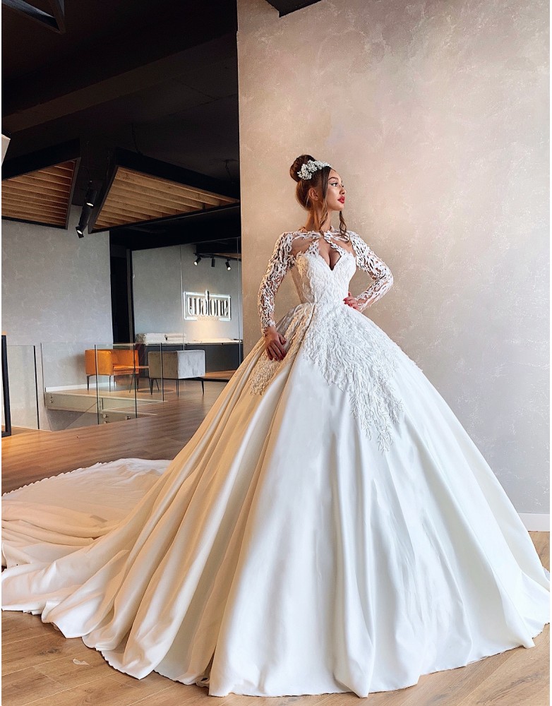 elegant wedding dresses jewel neck 3d appliqued beaded long sleeves satin bridal gown ruffled sweep train custom made robes de marie