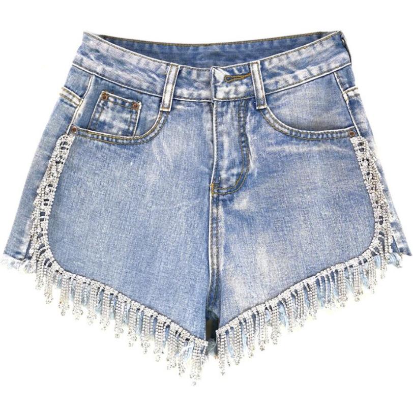Rhinestone tassel high waist denim 2020 women summer fashion diamonds heavy work wide leg jeans shorts q631