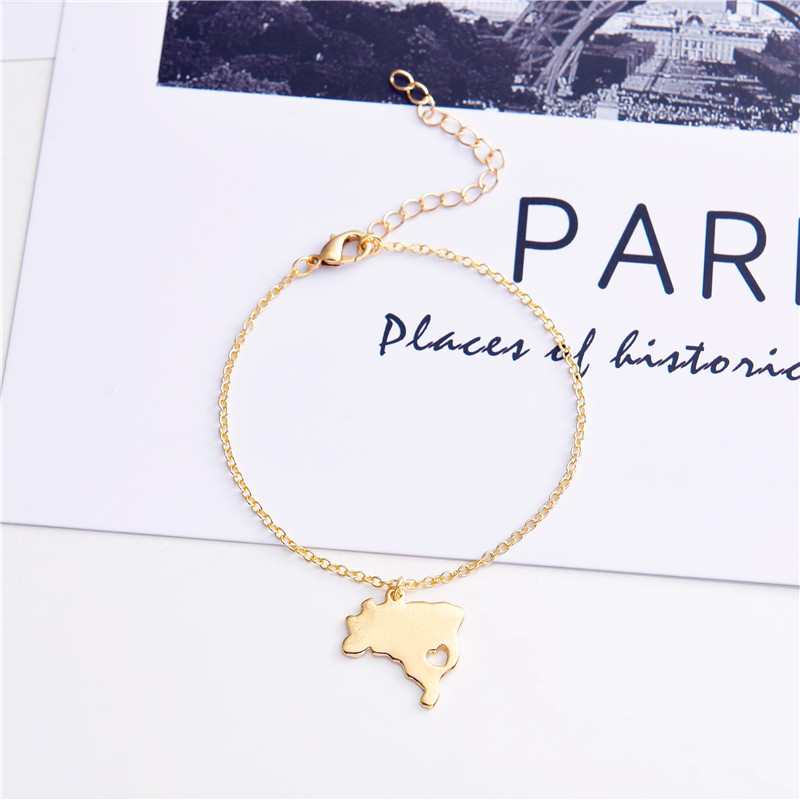 5PCS South America Country Geography Map Brazil Charm Chain Bracelets Brazilian Brasil Pride Heart Sao Paulo City Hometown Souvenir Gifts