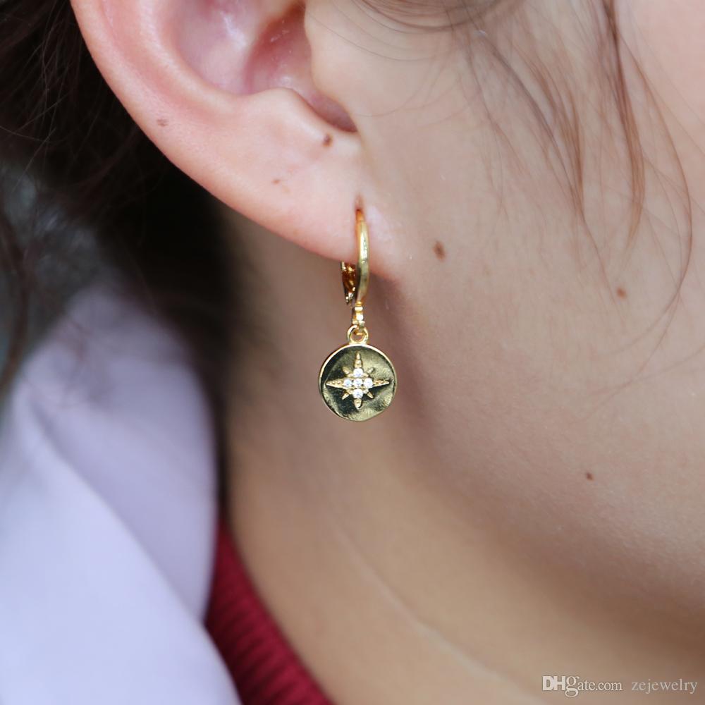 2018 Geometric dangling coin earring gold color engrave north star elegance cute girl women gift for Christmasv